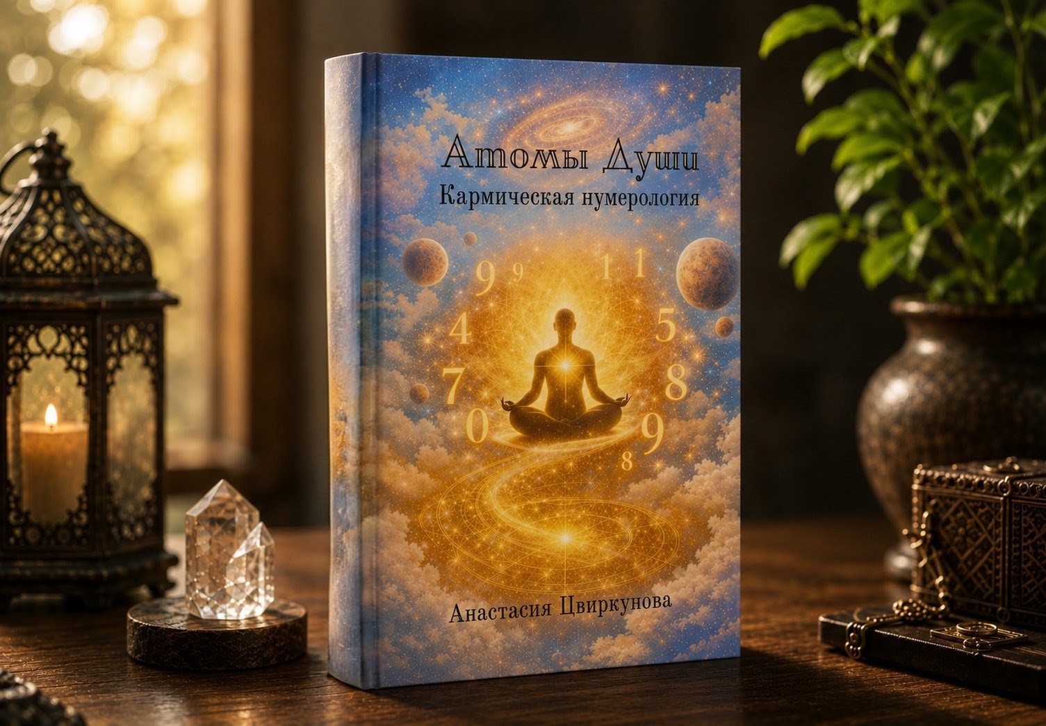 Книга «Атомы Души» на столе со свечами и кристаллом
